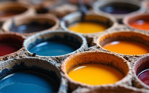 Step 2 mixing dye for block printing, showing colorful liquid in bowls.