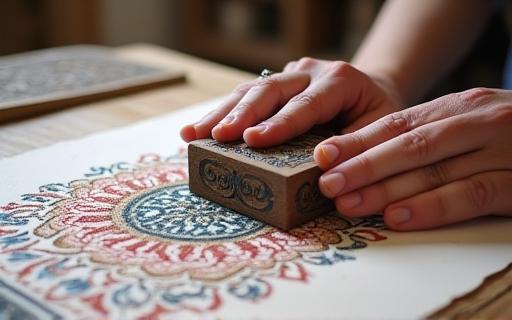 Step 3 applying block to fabric, showing a hand pressing a carved wooden block onto cloth.