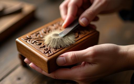 Image representing care for wooden handicrafts, showing a carved wooden box being dusted.