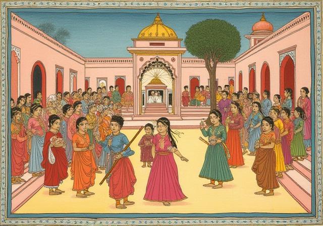 Example of Rajasthani miniature painting, showing a scene with figures in traditional attire.