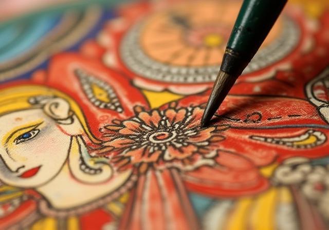 Detail from a Rajasthani miniature painting, highlighting intricate patterns and colors.